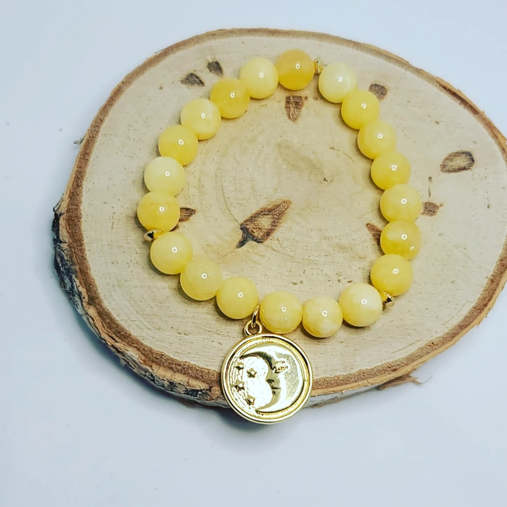 Yellow Jade Moon Stainless steel charm bracelet 8 mm